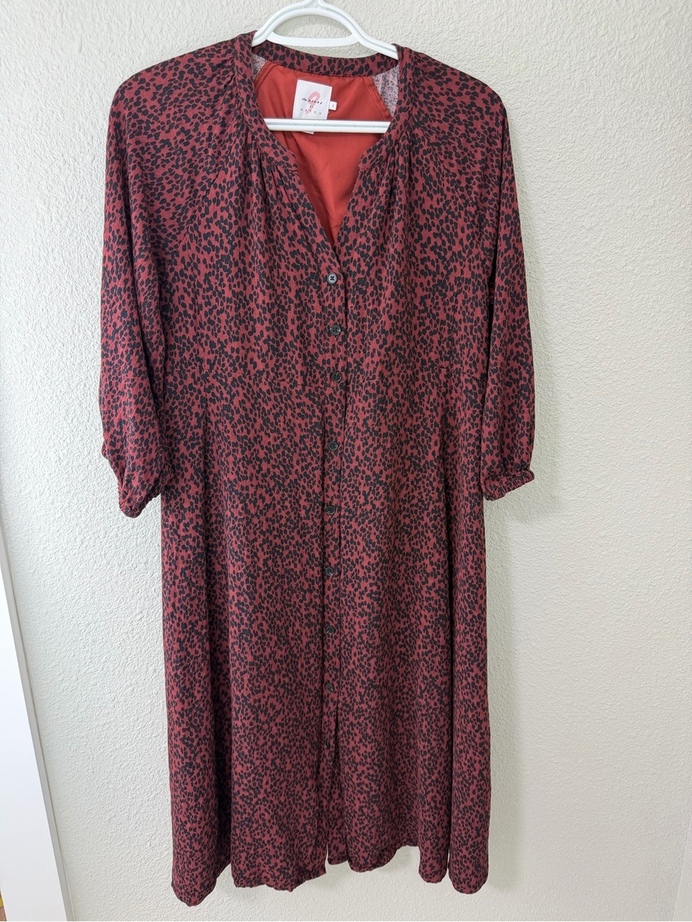 The Nines by HATCH Rust Red and Black Printed Button-Front Midi Dress